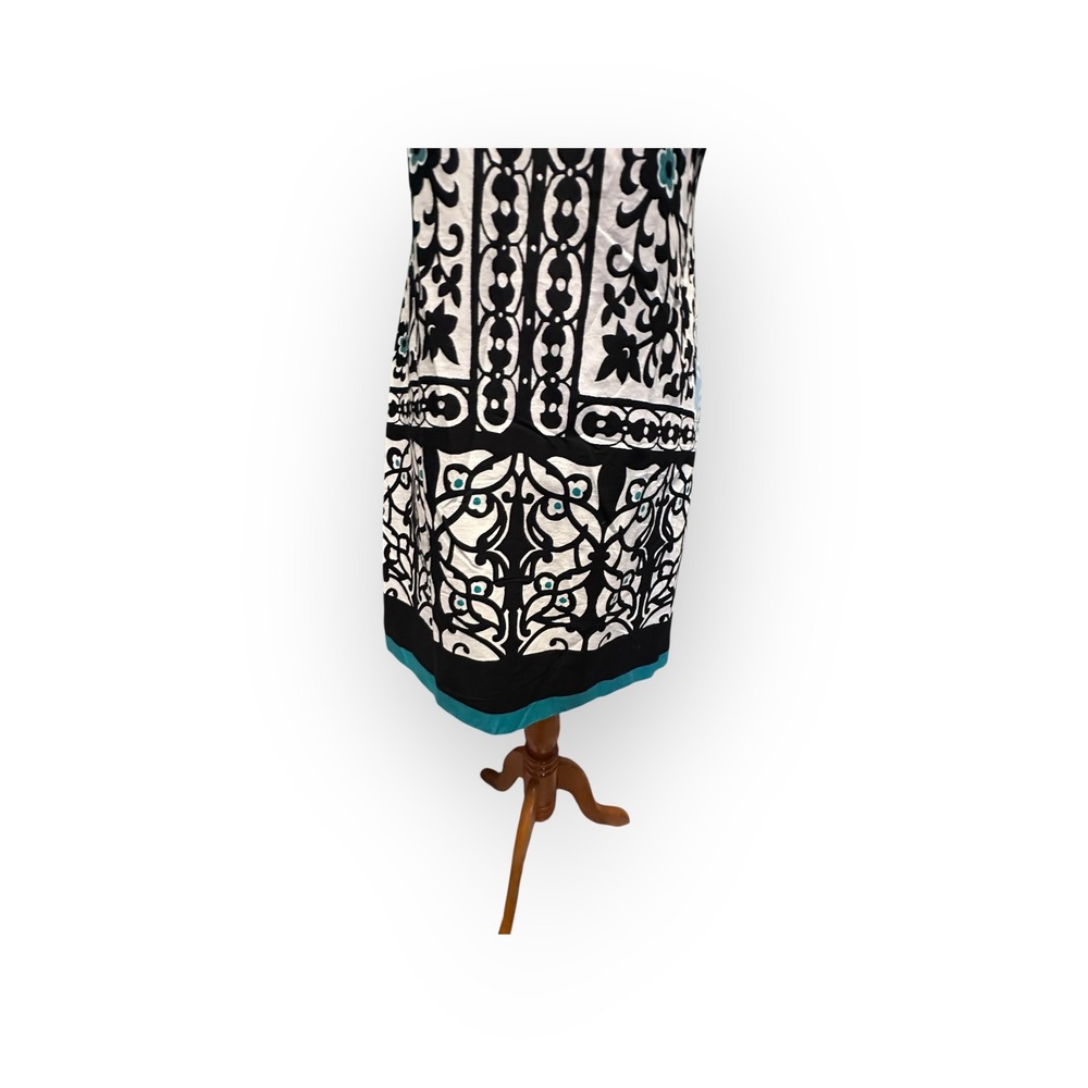 Liz Claiborne Sheath Dress Size 6 Black White Turquoise Scroll Border Print - Picture 2 of 16